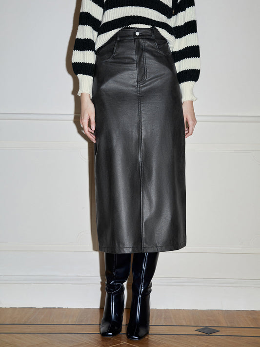 Elegante Split Midi Kunstlederen Rok Voor Feestgelegenheden