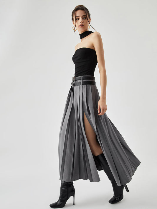 Plissé Split Maxi Trendy Rok Zonder Riem Modieus