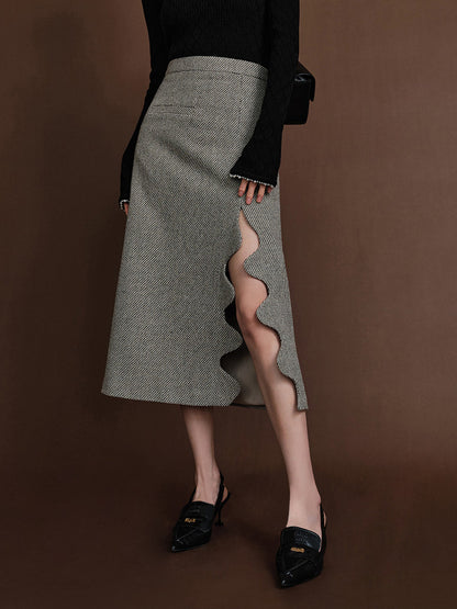 Modieuze High-waist Tweed Golvende Split Midi Rok