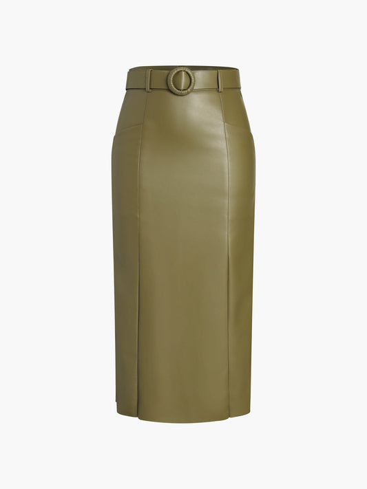 Modieuze Faux Leren Geknoopte Midi Rok met Split