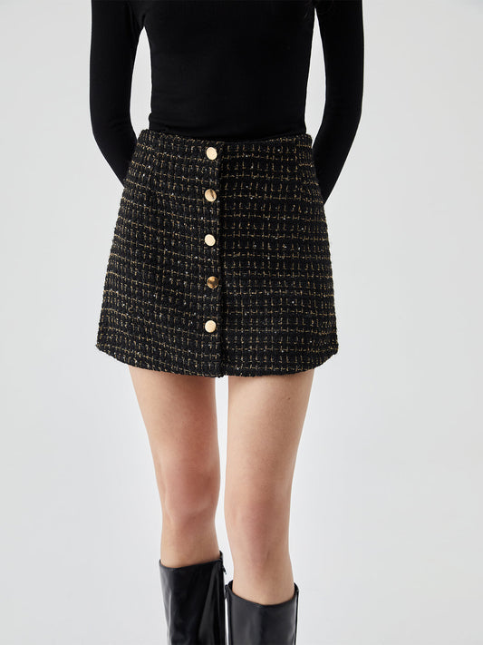 Stijlvolle Sequined Mini Rok met Knopen en Rits