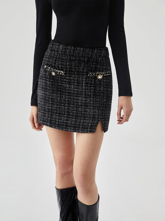 Tweed Mini Rok met Knopen en Trendy Splits