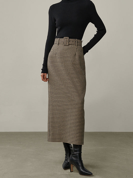 Stijlvolle Hoge Taille Houndstooth Midi Rok