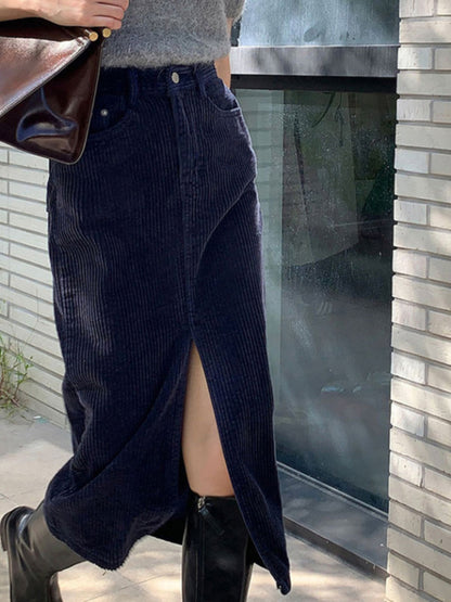 Stijlvolle Corduroy Split Midi Rok voor Vrije Tijd
