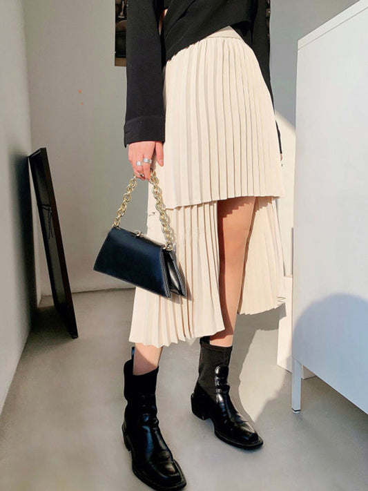 Asymmetrische Plissé Gelaagde Midi Rok Stijlvol en Romantisch