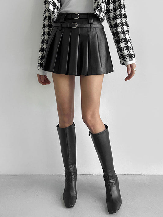 Trendy Plissé Rok met Faux Leren Riem