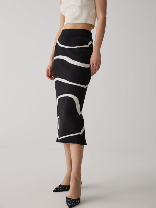 Elegant Gebreide Midi Rok met Golfpatroon