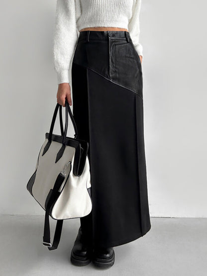 Patchwork Leren Hoge Trendy Taille Maxi Rok Stijlvol