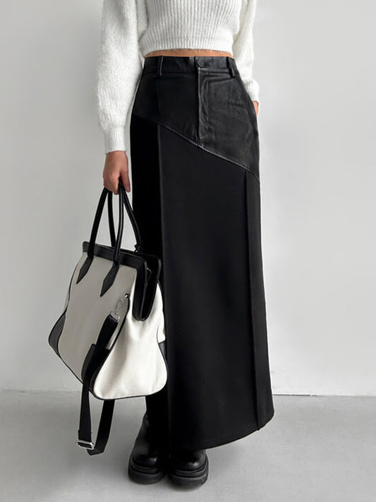 Patchwork Leren Hoge Trendy Taille Maxi Rok Stijlvol