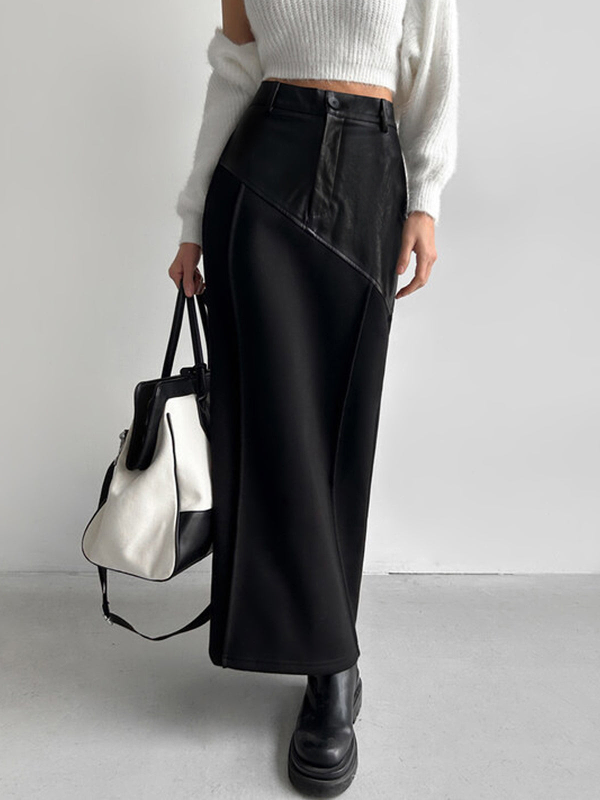 Patchwork Leren Hoge Trendy Taille Maxi Rok Stijlvol