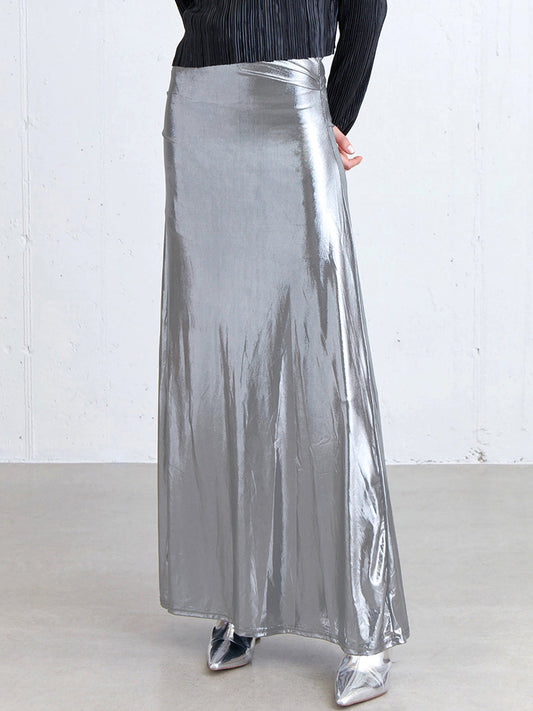 Luxe Metallic Zilveren Maxi Rok voor Elke Gelegenheid