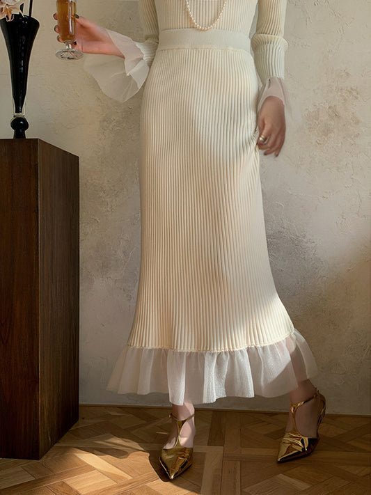 Trendy Gebreide Maxi Rok met Splice Kant Stijlvol