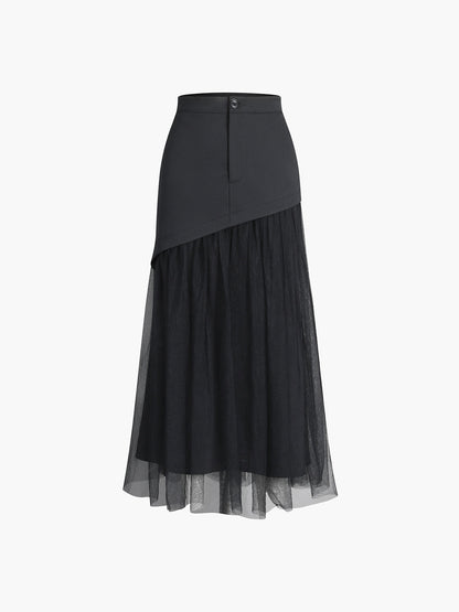 Patchwork Knopen Elegante Mesh Midi Rok voor Dames