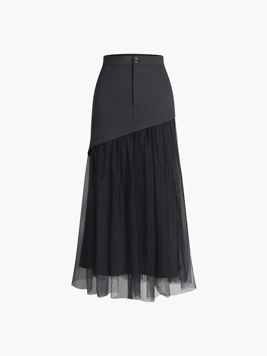 Patchwork Knopen Elegante Mesh Midi Rok voor Dames