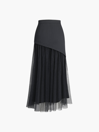 Patchwork Knopen Elegante Mesh Midi Rok voor Dames