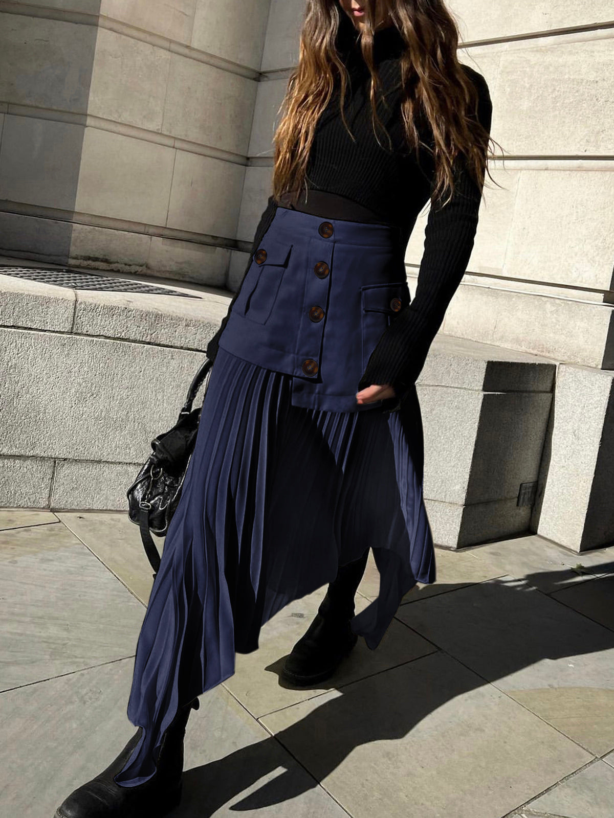 Modieuze Midi Rok met Asymmetrische Plooien