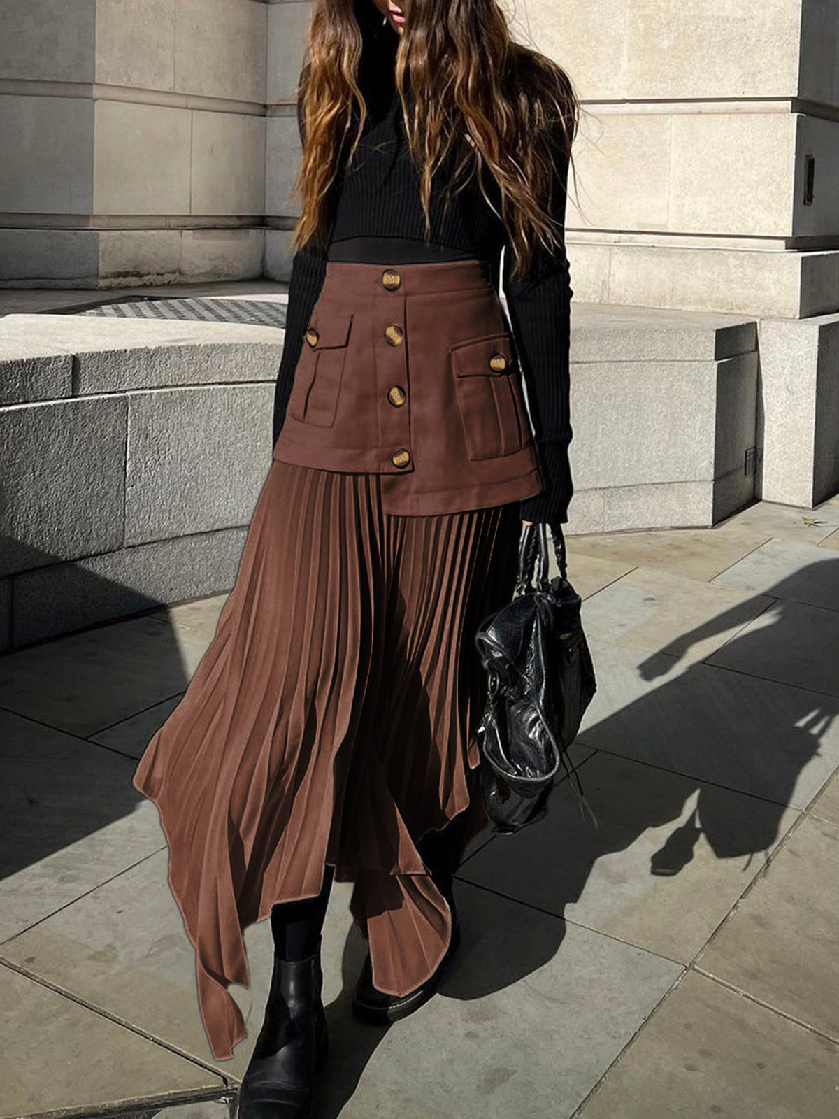 Modieuze Midi Rok met Asymmetrische Plooien