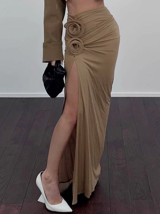 Hoog Taille Bloemige Trendy Drapé Maxi Rok Stijlvol