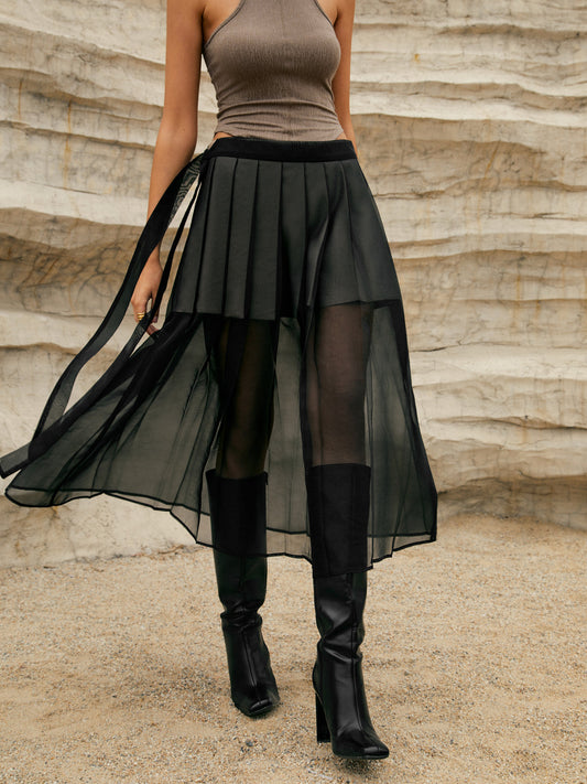 Plissé Dubbel Laag Elegante Mesh Midi Rok Stijlvol