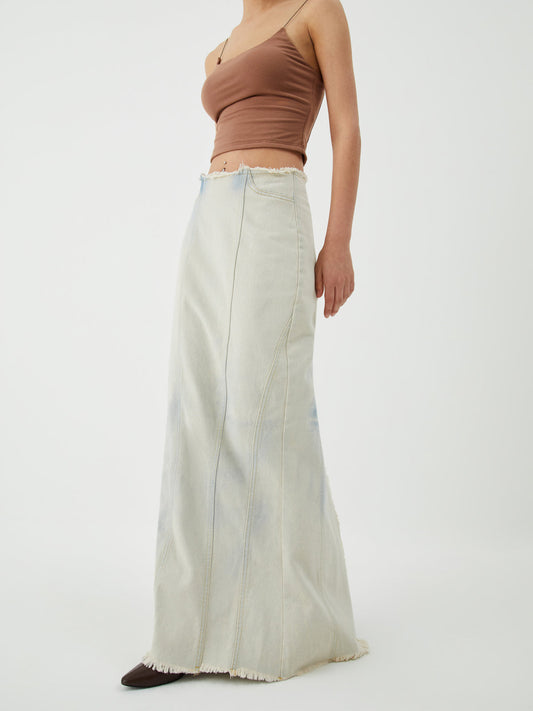 Trendy Denim Maxi Rok van Katoen met Washed Effect