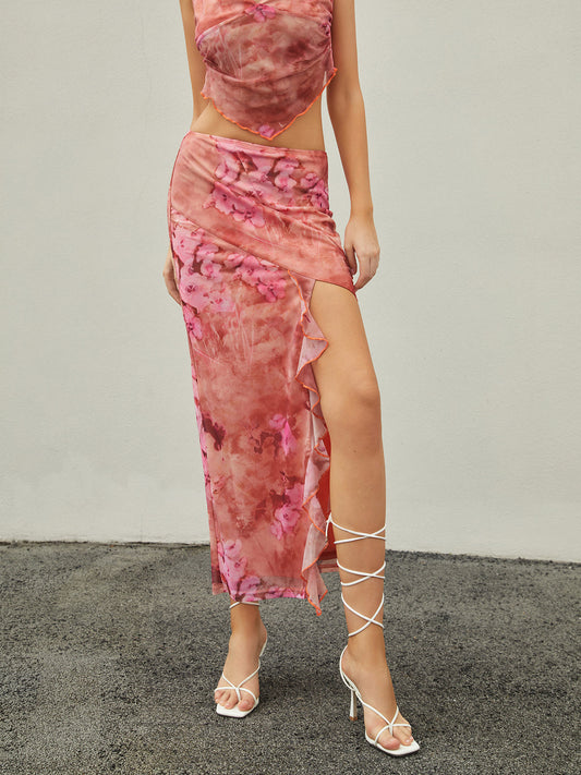 Stijlvolle Maxi Rok met Rimpelrand en Bloemenprint