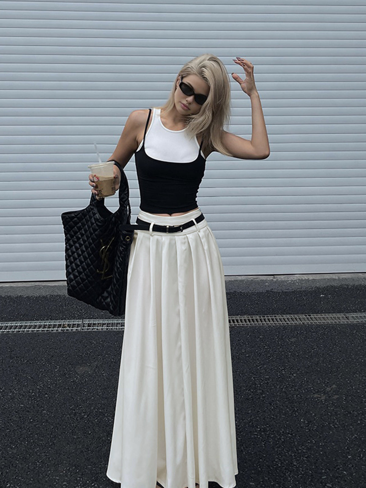 Gestreepte Maxi Rok met Ceintuur en Plissé Design
