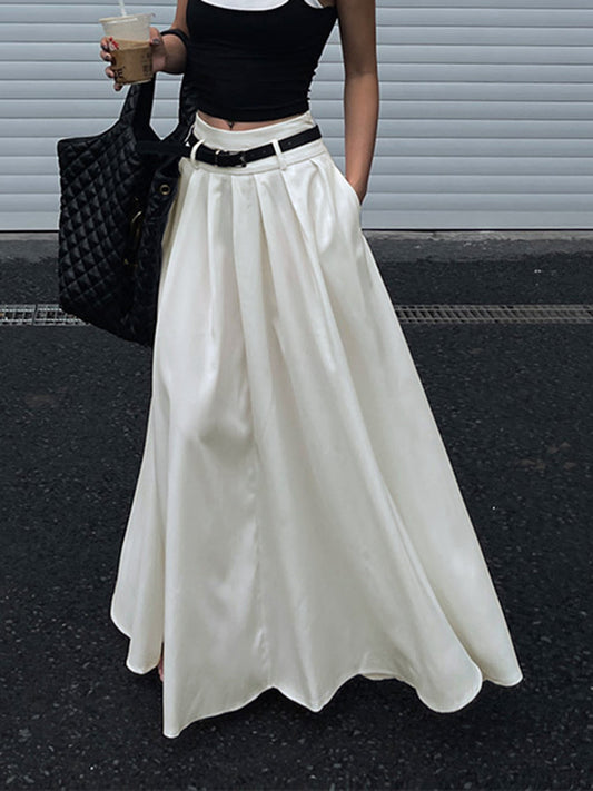 Gestreepte Maxi Rok met Ceintuur en Plissé Design