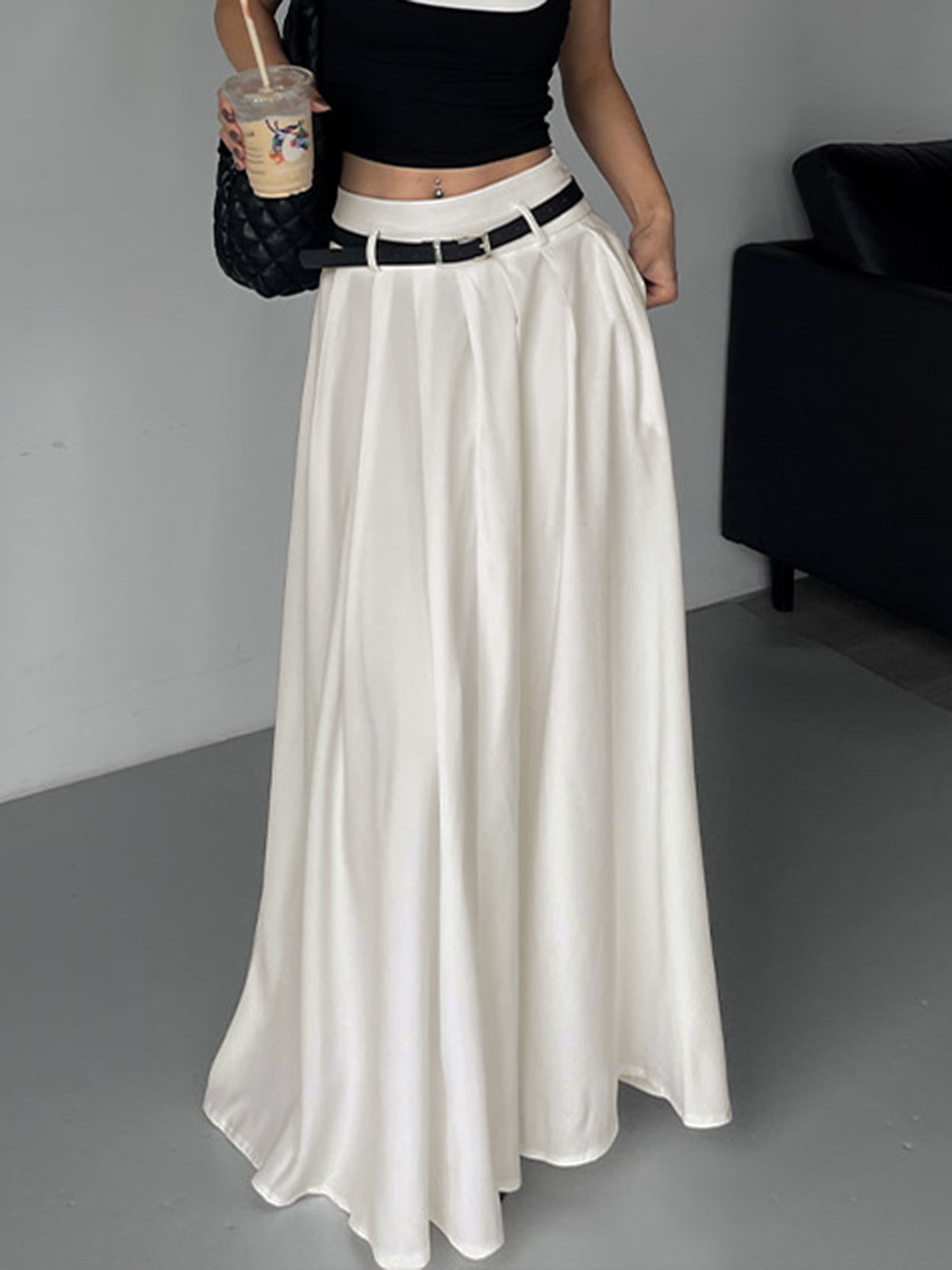 Gestreepte Maxi Rok met Ceintuur en Plissé Design