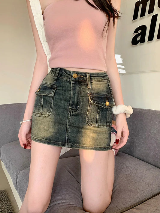 Amerikaanse Retro Denim Mini Rok voor een Stijlvolle Look