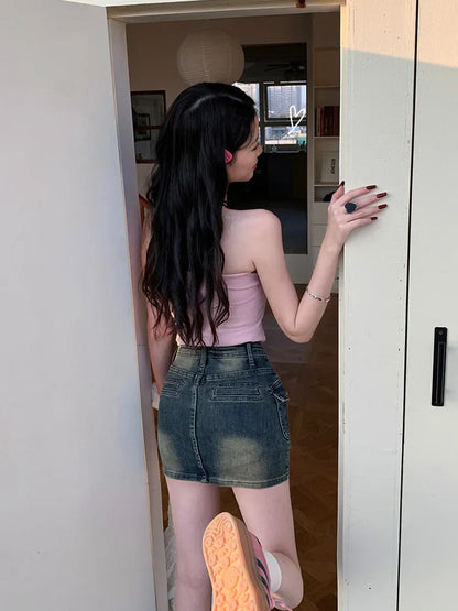 Amerikaanse Retro Denim Mini Rok voor een Stijlvolle Look