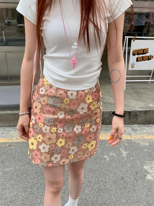 Bloemige Pailletten Feest Hoge Taille Mini Rok Stijlvol