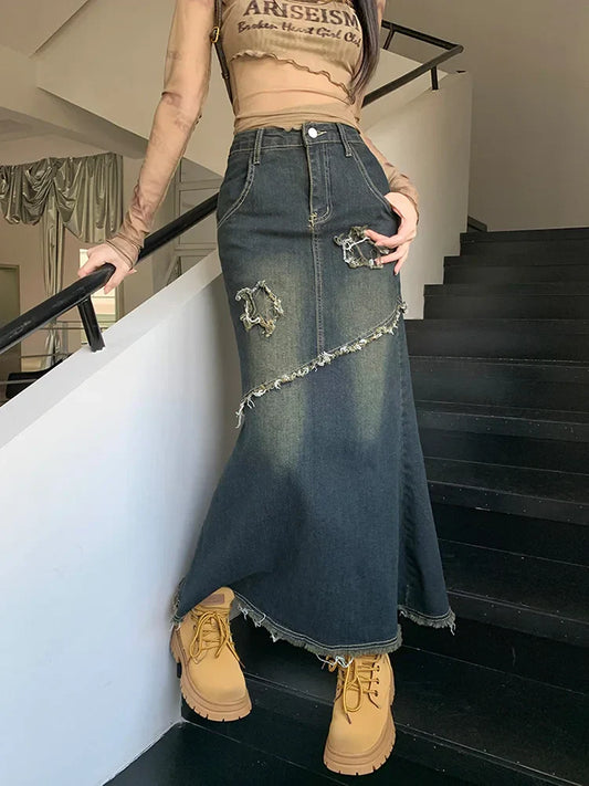 Raw Trim Zeemeermin Zoom Gewassen Jeans Rok Stijlvol