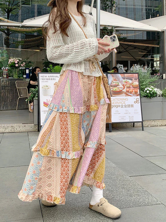 Retro Etnische Stijl Boho Print Casual Maxi Rok Stijlvol