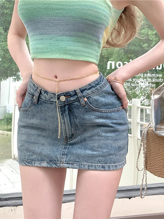 Sexy Lage Taille Verwijderbare Ketting Ontwerp Denim Mini Rok