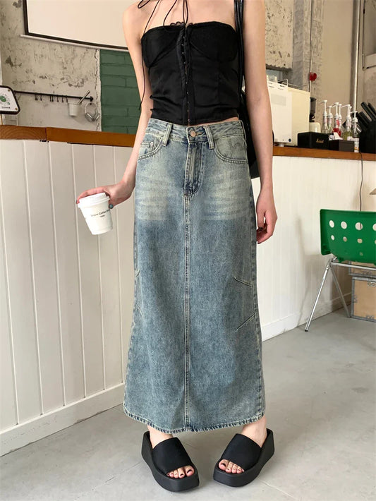 Street Retro Split Hoge Taille Casual Denim Rok Stijlvol