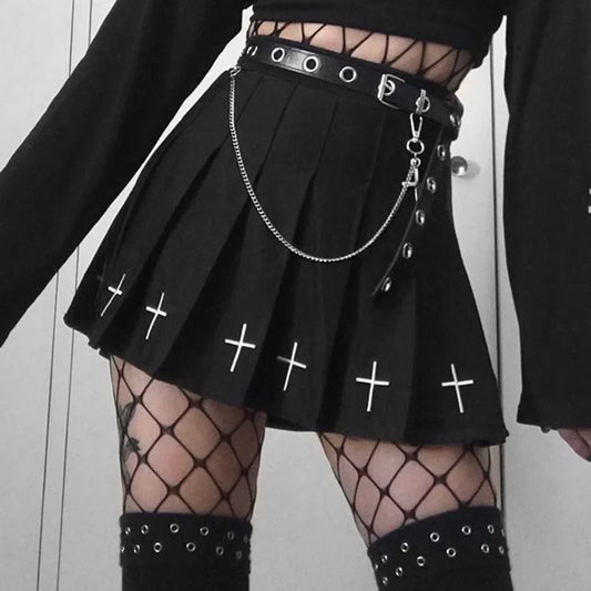 Zwarte Hoge Taille Plissé Rok met Gothic Print