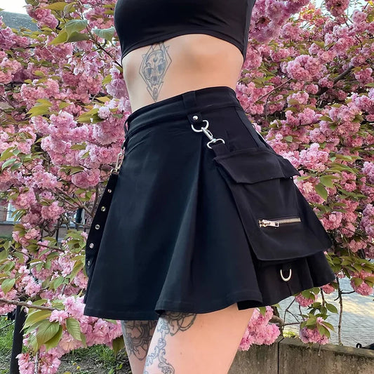 Zwarte Harajuku Gothische Hoge Taille Bandage Mini Rok Stijlvol