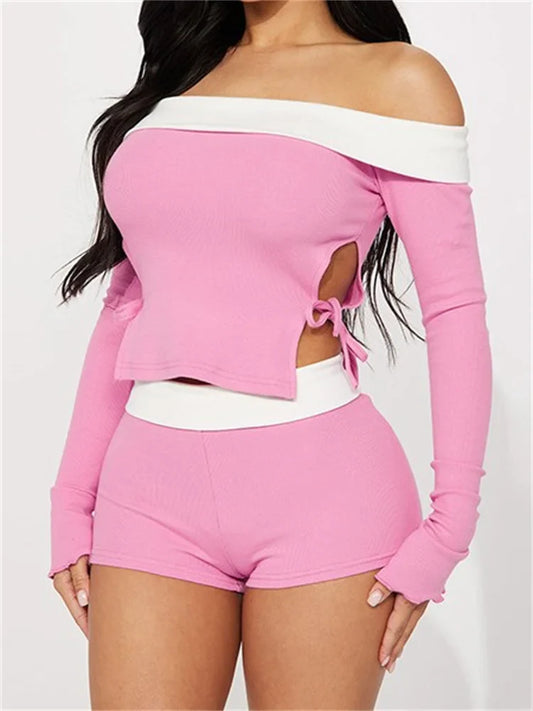 Modieuze Patchwork Off Shoulder T-shirt en Korte Broekset