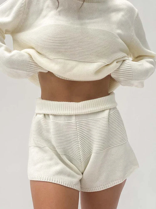 Stijlvolle Lange Mouwen Gebreide Herfst Set met Shorts