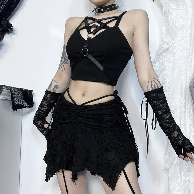 Gothische Mini Rok met Vouw en Sexy Lijntjes