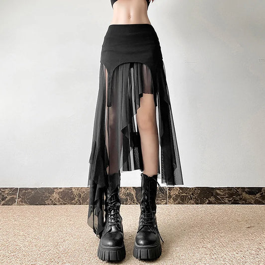 Cyber Y2K Ongelijke Zoom Harajuku Mesh Rok Stijlvol