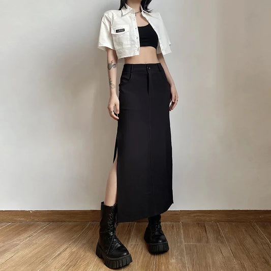 Zwarte Cargo Midi Rok met Hoge Taille en Split