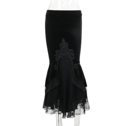Gothische Midi Rok met Elegante Kantzoom voor Vrouwen