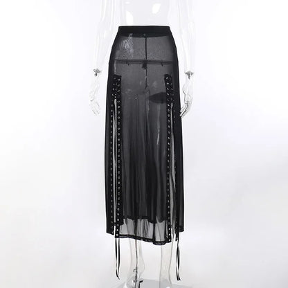 Gothische Mesh Lace-Up Donkere Zomerrok voor Vrouwen