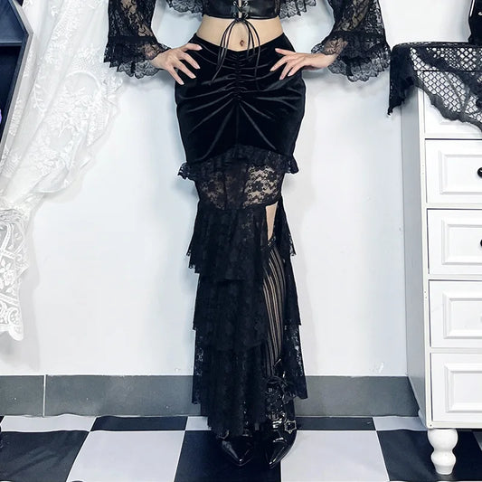 Gothic Vouwrok met Fishstaart van Fluweel en Kant