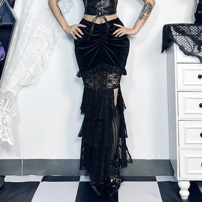 Gothic Vouwrok met Fishstaart van Fluweel en Kant