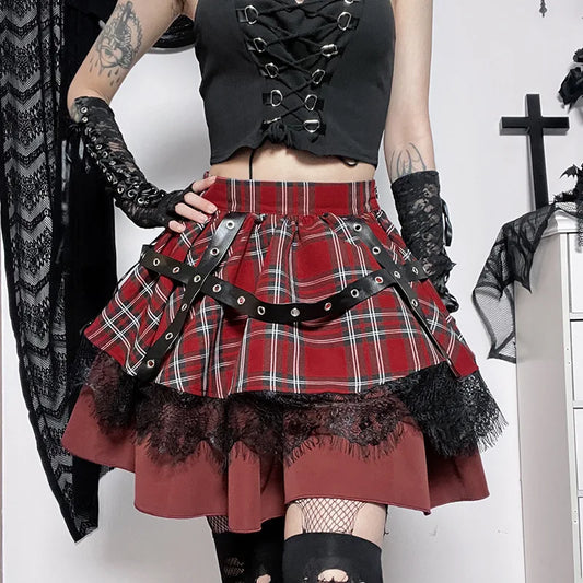 Gothic Harajuku Ruit Kant Kawaii Y2k Kostuum Rok Stijlvol