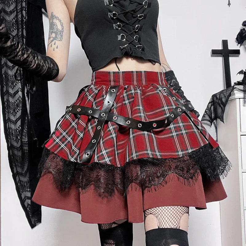 Gothic Harajuku Ruit Kant Kawaii Y2k Kostuum Rok Stijlvol