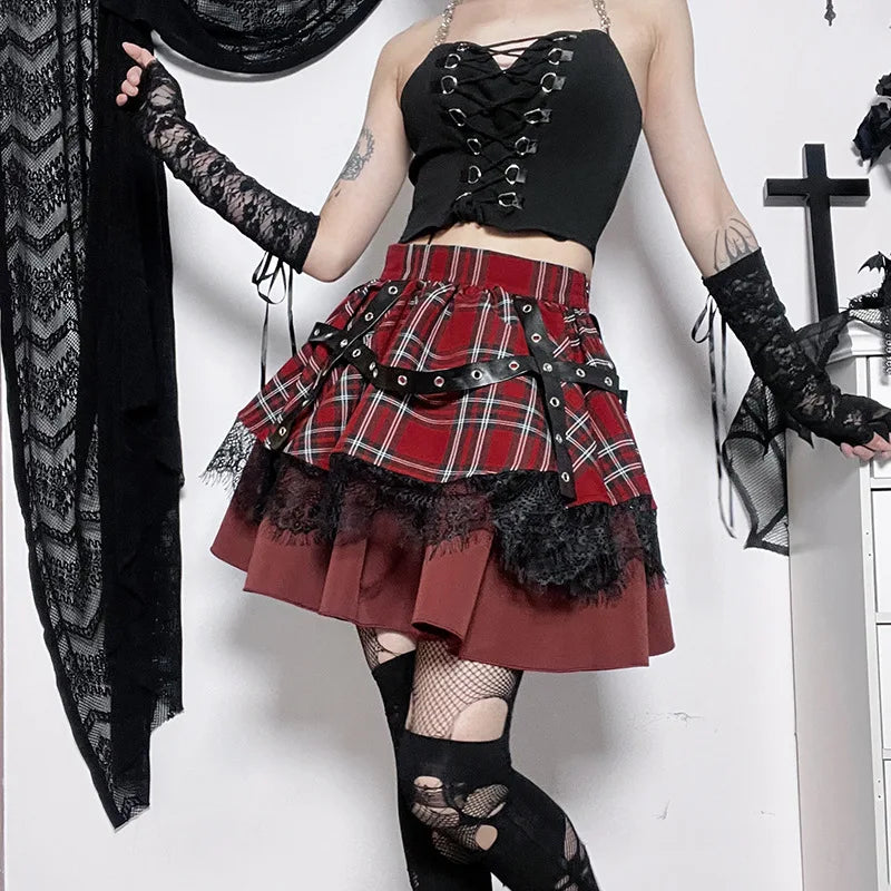 Gothic Harajuku Ruit Kant Kawaii Y2k Kostuum Rok Stijlvol