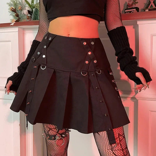 Gothic Harajuku Korte Plissé Rok met Riem en Lage Taille
